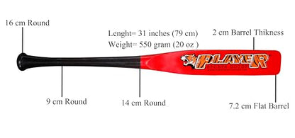 31" High-Grade Pro Maple Flat Half Paddle Training Baseball & Softball Bat in 31"/20 oz/Flat Barrel:2.75" for Professional Players in Black Handle & Red Barrel by Player Sports Goods LLC