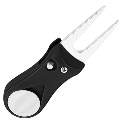 Foldable Golf Divot Tool, 2 Pack Stainless Steel Repair Tool with Pop-up Button and Magnetic Ball Marker for Men Women Golfer (Black)