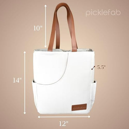Designer Pickleball Bags for Women | Canvas & Vegan Leather Pickle Ball Tote Bag with Cover Pockets for 4 Paddles | 14"x12"x5.5" Small/Medium Tote Bag with Paddle Pocket & Fence Hook