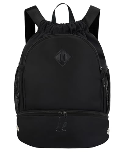 RHDZO Drawstring Backpack Gym Backpack with Shoe Compartment for Men Women String Sports Bag with Wet Pocket Cinch Swim Beach Bag, Large Black - color: Large Black