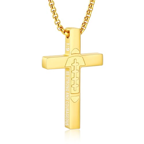 Football Cross Necklace for Boys Men, Stainless Steel Bible Verse Cross Pendant Chain Sports Gear Stuff Christian Religious Jewelry Gifts for Teen Boys Kids - color: Gold, style: Joshua 1:9