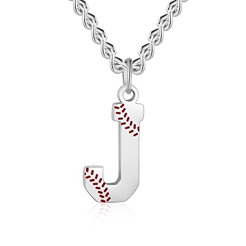 AIAINAGI Baseball Initial A-Z Letter Necklace - Men's Baseball Charm Pendant in Stainless Steel Silver Chain, 22inch Personalized Gift - style: J Letter