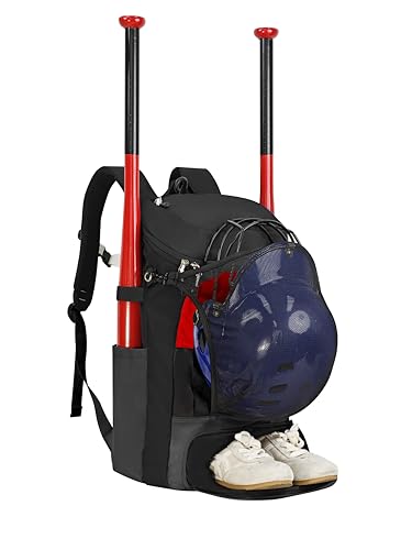 TPAID Baseball Backpack Large Capacity Softball Bag with Shoes Compartment and Fence Hook, Lightweight Baseball Equipment Bag Holds Bats, Helmets, Gloves, Hats, Clothes, Shoes - color: Black-B, size: 2 Bat Baseball