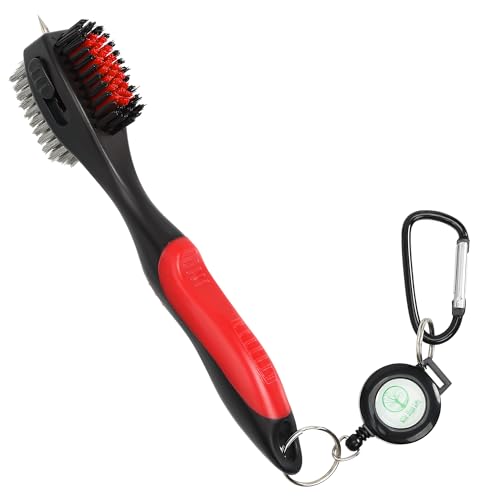 Mile High Life Golf Club Brush, Club Groove Cleaner with 2 Ft Retractable Extension Cord and Aluminum Carabiner, Golf Bag Accessories for Men and Women - color: Pro Head-red