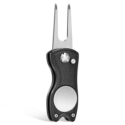 Golf Divot Repair Tool - Foldable Golf Repair Kit with Sturdy Handle & Magnetic Pop-up Button Ball Marker - color: black