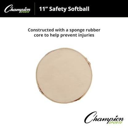 Champion Sports Safety Softballs – Pack of 12 Balls - Soft Rubber Core - Synthetic Leather - Optic Yellow in 11" & 12" Sizes - size: 11"