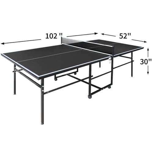 IUNNDS Portable Table Tennis Table 6/8/8.5/9FT Foldable Ping Pong Game Set for Indoor with Net and Post Set, 2 Paddles and 3 Balls - color: Black-8.5FT