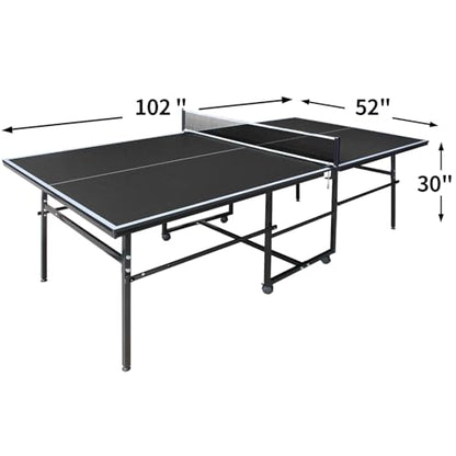 IUNNDS Portable Table Tennis Table 6/8/8.5/9FT Foldable Ping Pong Game Set for Indoor with Net and Post Set, 2 Paddles and 3 Balls - color: Black-8.5FT