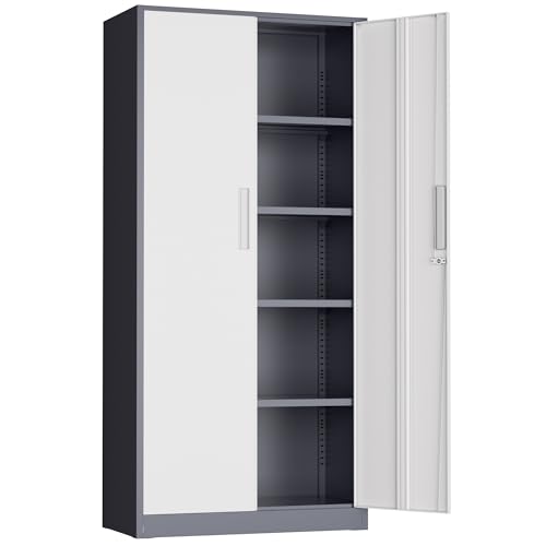 72” Metal Storage Cabinet, Garage Cabinets and Storage System with Doors and Shelves, Tall Lockable Tool Cabinet for Garage, Office, Home (Grey White) - color: Grey White, size: 72"Storage Cabinet