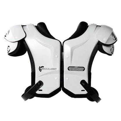 Battle Sports Defender Football Shoulder Pads – The Lightest, Most Protective in Its Class – Aerospace Grade Materials, Ventilated Design, Removable Sternum Plate, Foam Neck Roll - color: White, size: Youth-Small