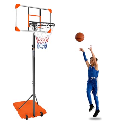 Portable Basketball Hoop with Stable Base & Wheels, Adjustable Height 5.6-7ft for Kids Youth, 28" Shatterproof Backboard, Indoor Outdoor Use for Driveway, Backyard, Pool - color: Orange