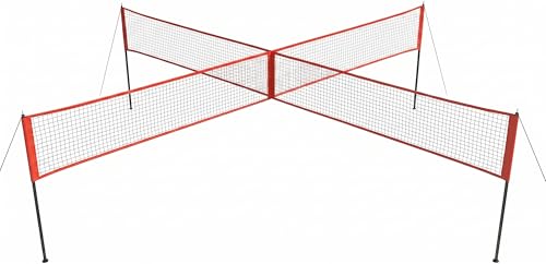 4 Square Volleyball Net Set with 3 Adjustable Heights, 14FT Cross PE System, Use in Backyard or Beach, Includes Ball, Pump, Carry Bag, Hammer, Outdoor Team Games, Black/Red