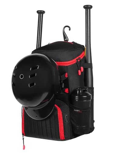 Lightweight Baseball Bat Backpack with Shoe Compartment, Softball Gift for Women with Fence Hook & Batting Glove, Helmet | Multiple Colors - color: black red