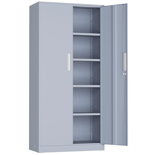 72” Metal Storage Cabinet, Locking Steel Storage Cabinet with 2 Doors and 4 Adjustable Shelves, Tall Lockable Tool for Garage, Home, Office (Cement Grey) - color: Cement Grey, size: 72"Storage Cabinet