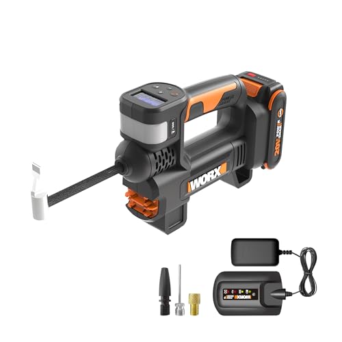 WORX Tire Inflator Portable Air Compressor, Cordless Air Pump for Car Tires, Motorcycle & Balls, 20V 150 PSI Bike Pump with Digital Pressure Gauge & Auto Shut-Off, Battery & Charger Included, WX092L - style: w/ 20V Battery & Charger