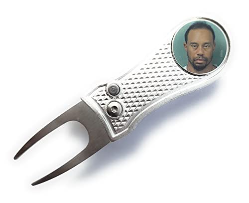 Tiger Woods Mugshot Golf Divot Repair Tool with Ball Marker - Foldable Switchblade Design (Black)