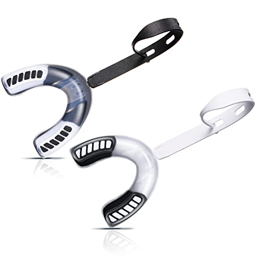Konohan 2 Pack Youth Football Mouth Guard with Strap and Case for Kids and Adult Soft Sports Mouthpiece Double Colored Mouthguard for Ice Hockey Lacrosse Basketball(White, Black) - color: White, Black