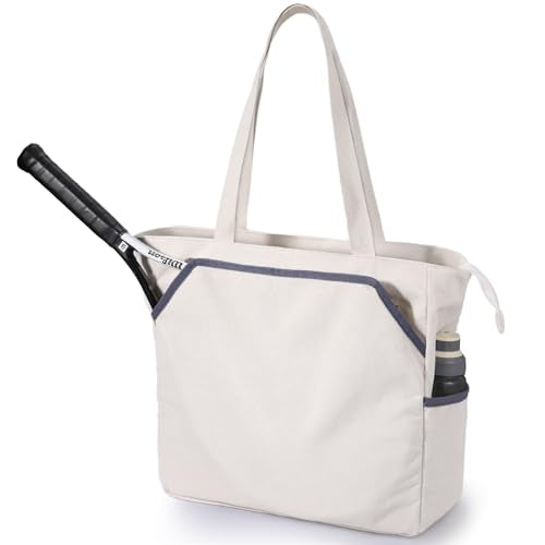 SMRITI Tennis Tote Bag Canvas, Large Sports Handbag Tennis Racket Bag for Women, Portable Tennis Racquet Shoulder Bag for Badminton, Pickleball, Padel - color: Light Grey+White
