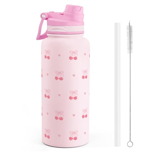 SANDJEST Cherry Stainless Steel Water Bottle with Strap 32oz, Insulated Bottles with Straw and Spout Lid for Gym Sports Travel Outdoor, Gifts for Women Girls Birthday Christmas - color: Cherry