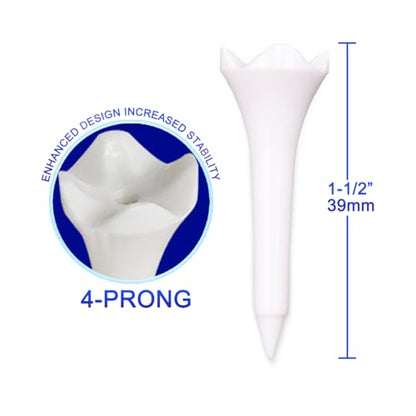 1 ½” Plastic Golf Tees - These Short Golf Tees are Perfect for Irons, Hybrids, Par Threes, Low Profile Woods, and the Driving Range -Pack of 50 Bulk White Durable 4 Prongs Plastic Tees