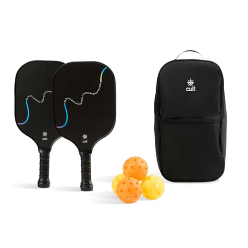 Cult Pickleball Set of 2 Paddles with 4 Balls & Carry Bag Lightweight Fiberglass Pickleball Paddles with Honeycomb Core & Cushioned Non-Slip Grip Includes 2 Indoor Balls, 2 Outdoor Balls & Travel Case