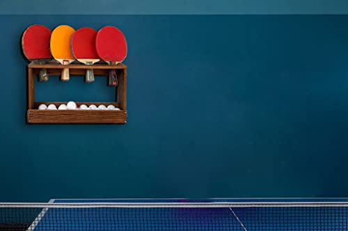 Ping Pong Paddle Holder Rack Rustic Wood Table Tennis Ball Wall Mounted Storage Shelf with Pre-Buried Sleeves Bolt Crack-Preventing Design