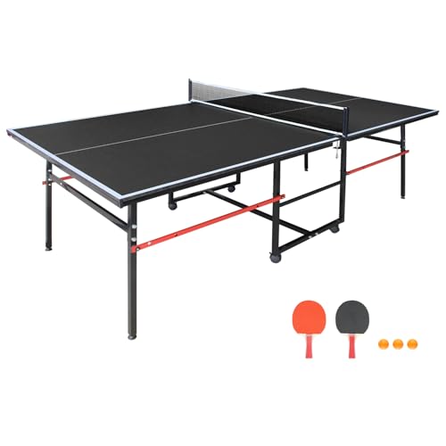 8ft Foldable Ping Pong Table Set, Mid-Size Portable Table Tennis Table with Net, Paddles & Balls, Indoor Outdoor Game Table for Home, Office, and Playroom,Black