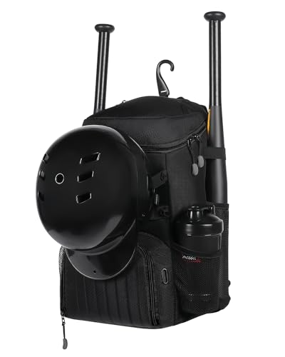 Lightweight Baseball Bat Backpack with Shoe Compartment, Softball Gift for Women with Fence Hook & Batting Glove, Helmet | Multiple Colors - color: black