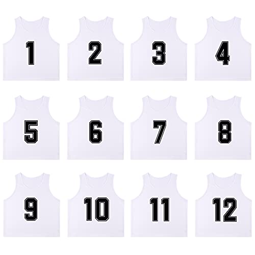 12 Pack Numbered（1-12） Scrimmage Vests/Sport Pinnies/Training Bibs For Basketball,Soccer, Volleyball and Baseball - color: White1-12, size: Mediun
