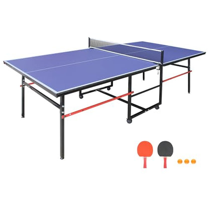 Professional Table Tennis Table, Foldable Ping Pong Game Set for Indoor, 8FT 9FT Single Player Playback Mode Ping Pong Table with Net and Post Set, 2 Paddles and 3 Balls (Blue-8FT)