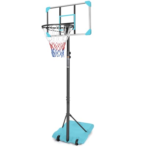 Portable Basketball Hoop for Kids and Adults with Adjustable Height 5.6 to 7 Feet, 28 Inch Shatterproof Backboard, Indoor Outdoor Use - color: Blue + Iron + Sporty
