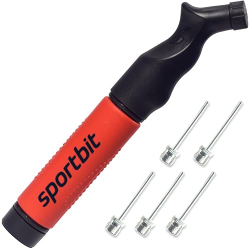 SPORTBIT Ball Pump for Sports Balls - Push & Pull Inflating System - Hand Pump for Exercise Balls - Volleyball Pump, Basketball Inflator, Ball Air Pump - Goes with 5 Needles Set - color: RED