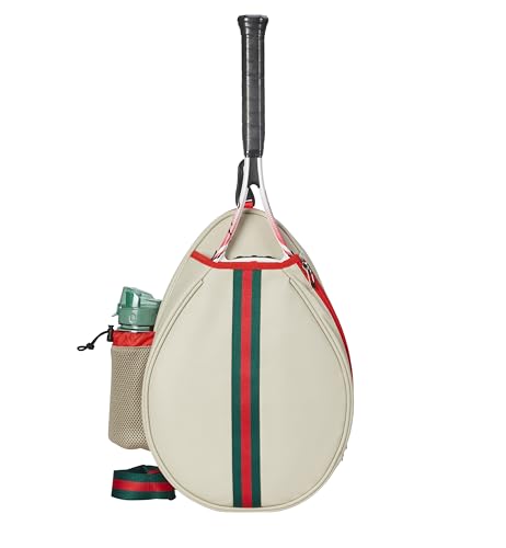 White PU One Shoulder Crossbody Tennis Backpack Girls Tennis Bag Tennis Racket Sling Bag for Women, with Water Bottle Holder - color: Khaki