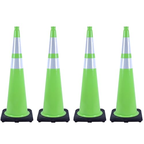4 Pack 36 Inch Green PVC Traffic Cones Black Base Stable Large Size, Highway Traffic Outdoor Construction Safety Warning Cones (4, Green, 36 Inch) - color: Green, size: 36 Inch