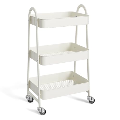 NEWBULIG 3-Tier Metal Rolling Cart with Lockable Wheels, Heavy Duty Mobile Utility Storage Shelf, Roller Book Snack Cart, Organization for Livingroom, Bathroom, Office, White - color: White, size: 3 Tier