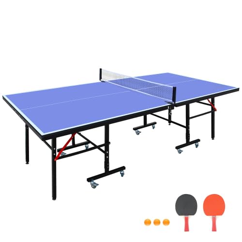 8ft Mid-Size Table Tennis Table Foldable & Portable Ping Pong Table Set for Indoor Games with Net, 2 Table Tennis Paddles and 3 Balls - style: Basic