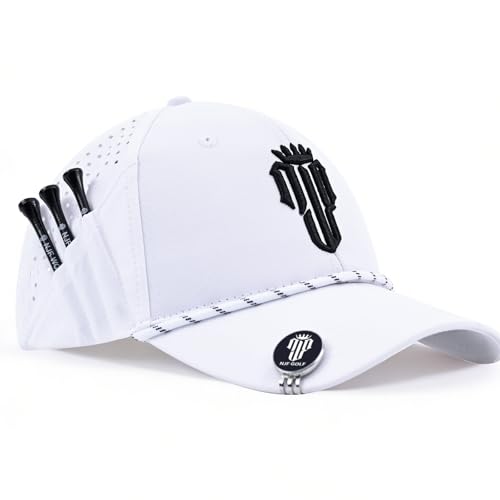 NJF Golf Hat Men - Breathable Mens Golf Hats, Adjustable Rope Hook and Loop Style Cap, Convenient Cap with Tee Holder - color: Arctic White