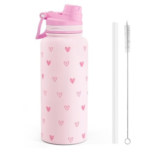 SANDJEST Pink Heart Stainless Steel Water Bottle with Strap 32oz, Insulated Bottles with Straw and Spout Lid for Gym Sports Travel Outdoor, Gifts for Women Girls Birthday Christmas - color: Heart 2