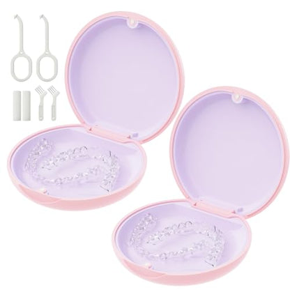 2 Pack Retainer Case, Compatible with Invisalign, Slim Aligner Case with Removal Tool, Aligner Seaters & Brush, Pocket Size Secure Magnetic Closure for Travel - Pink & Lavender - color: 2 Pack - Pink & Lavender