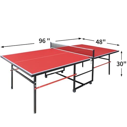8FT Outdoor Ping Pong Table, Foldable & Portable Table Tennis Set with Net, 2 Paddles & 3 Balls, Game Table with Single Player Playback Mode - color: Red