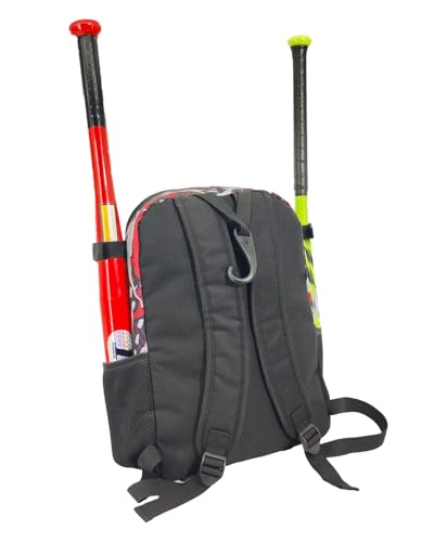 Youth Baseball Bat Bag Backpack, T-Ball & Softball Equipment Gear for Youth with Fence Hook, Lightweight Baseball Bat Backpack, Large Main Compartment for Helmet - color: Red
