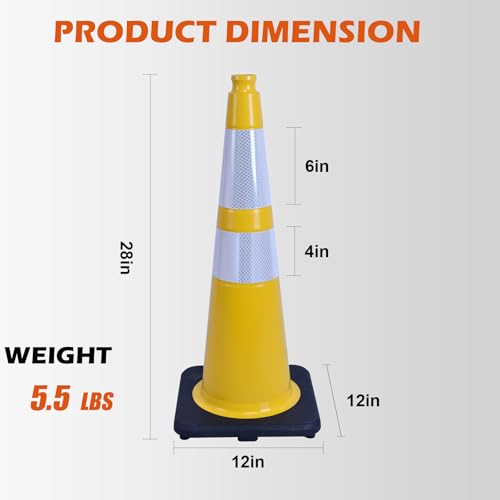 4 Pack 28 Inch Yellow PVC Traffic Cones Black Base Stable Flexible, Road Safety Construction Zone Crowd Control Parking Safety Cones (4, Yellow, 28 Inch) - color: Yellow, size: 28 Inch