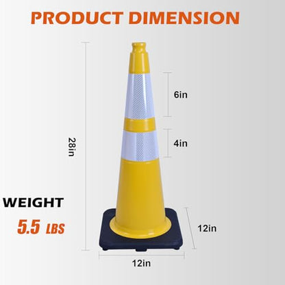 4 Pack 28 Inch Yellow PVC Traffic Cones Black Base Stable Flexible, Road Safety Construction Zone Crowd Control Parking Safety Cones (4, Yellow, 28 Inch) - color: Yellow, size: 28 Inch
