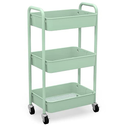 CAXXA 3-Tier Rolling Metal Storage Organizer - Mobile Utility Cart, Kitchen Cart with Caster Wheels (Aqua Green) - color: Aqua Green