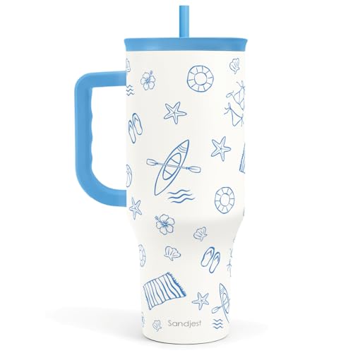 SANDJEST Beach 40oz Tumbler with Handle and Straw, Insulated Stainless Steel Travel Coffee Mug for Women Girls Beach Lovers, Gift Idea for Birthday Christmas Mothers Day Summer Vacation (Blue) - color: Beach Lover