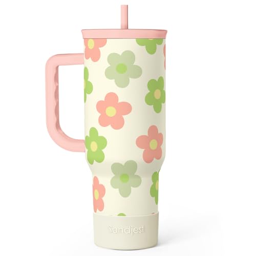 SANDJEST Daisy Tumbler with Handle 40oz, Floral Cup Stainless Steel Insulated Tumblers Coffee Travel Mug with Straw, Flower Cups Gifts for Women Girls Teens Birthday Christmas - color: Daisy