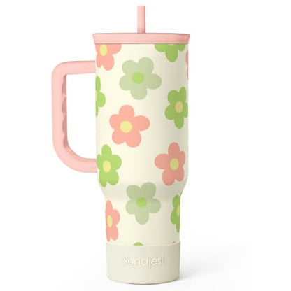 SANDJEST Daisy Tumbler with Handle 40oz, Floral Cup Stainless Steel Insulated Tumblers Coffee Travel Mug with Straw, Flower Cups Gifts for Women Girls Teens Birthday Christmas - color: Daisy
