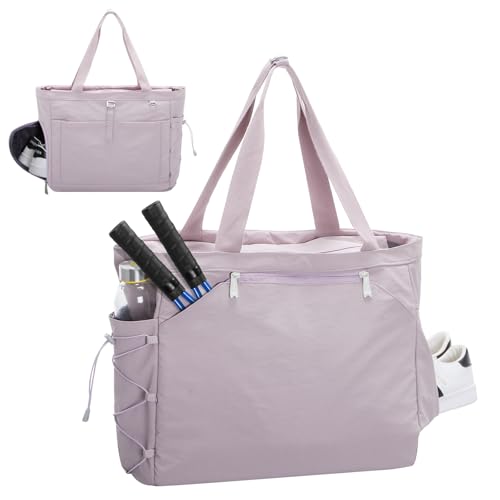 Tennis Gym Bag for Women, Tennis Tote Bag with Shoe Compartment & Wet Pocket, Tennis Racket Bag Holds 2-4 Rackets, Weekend Bag with Laptop Compartment for Men & Women - color: Purple