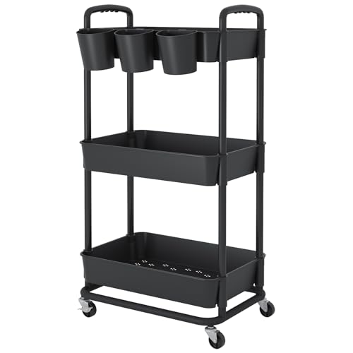 JIUYOTREE 3-Tier Plastic Rolling Storage Cart Utility Cart with Extra Hanging Cups Handles Lockable Wheels for Living Room Bathroom Kitchen Office Black - color: Black, size: 3-Tier