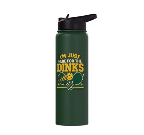 Funny Pickleball Pun Paddle I'm Just Here For The Dinks Stainless Steel Insulated Water Bottle - color: Dark Green